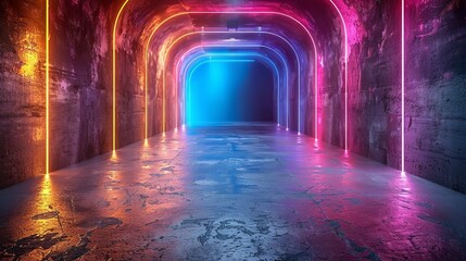 Purple Blue Vibrant Sci-Fi Futuristic Warehouse Empty Stage Showcase Room Corridor Tunnel Grunge Concrete Dark Underground Background 3D Rendering