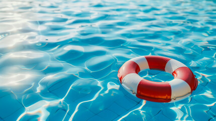 red and white lifebuoy floating on blue water in swimming pool background, summer concept for first aid protection or medical help and safety