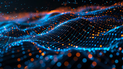 Abstract background with glowing blue and orange dots on black, forming wavelike patterns of light lines in space. Big data technology concept with digital information flow or global network connectio