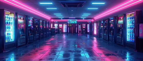 A cyberpunk themed depiction of a high-tech hydration station with futuristic water dispensers and neon lights. The scene should have a sleek, advanced look with glowing elements.