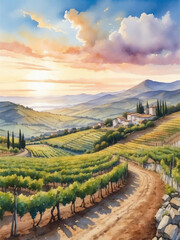 Naklejka premium Watercolor scenic vertical landscape with mountains peaks and houses in a atmospheric sundown vineyards green valley inspared by Europe