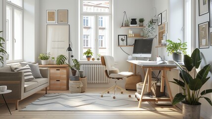Fototapeta premium Scandinavian home office with ergonomic furniture, white walls, wooden accents, and natural light