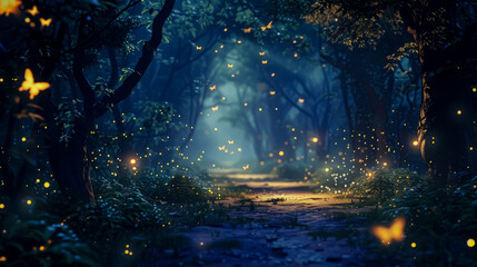 A magical scene of fireflies dancing among the trees in a moonlit forest, their bioluminescent glow creating an enchanting spectacle
