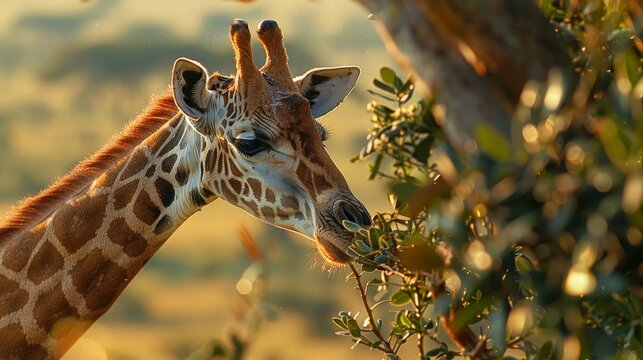 A close-up of a giraffe gracefully nibbling on the leaves of a tall tree, with the vast expanse of the savannah visible in the background