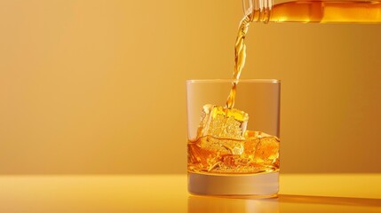 Close-up Pouring a whisky to glass, against a warm yellow background
