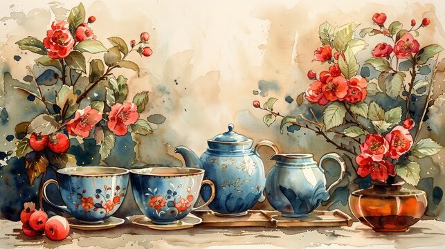 A watercolor illustration of a vintage tea advertisement, showcasing an elegant tea set with floral patterns and delicate typography. The ad should have a nostalgic feel.