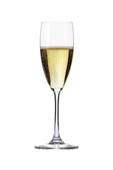A tall, thin glass of champagne is sitting on a white background. The glass is almost full. Concept of celebration and indulgence isolated transparent background