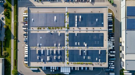 Aerial view of a large warehouse with solar panels on the roof.