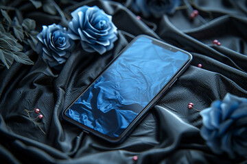 Black smart phone on the black fabric background with cool reflections in studio