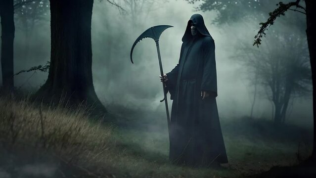 Grim Reaper Holding a Scythe in a Dark Forest 4K features an A.I. Generated video of a skeletal grim reaper holding a scythe in a dark forest with fog rolling by.