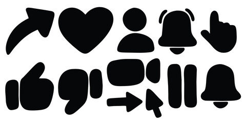 Set of Hand Drawn Icon, Hand Drawn Arrow Heart Avatar Bell Like and more social media icons, black and white icons, Doodle Icons