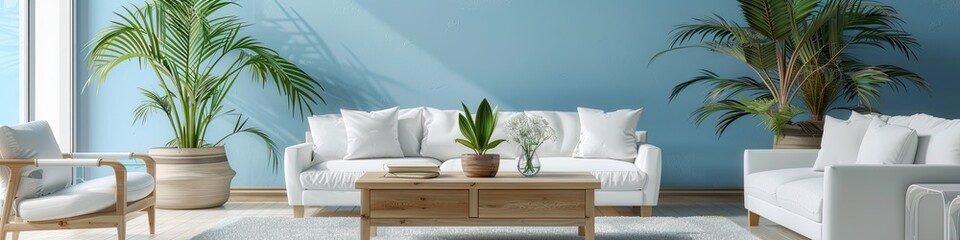 Fototapeta premium chic minimalist living room with pastel blue walls