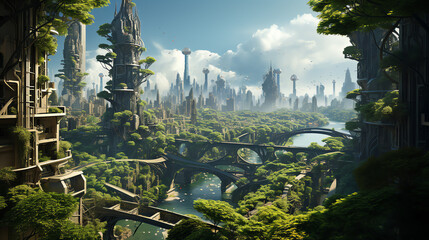 a futuristic city. There are many tall buildings, trees, and bridges. The city is built on a river. The sky is blue, and the sun is shining.
