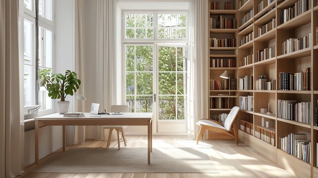 Scandinavian study room with minimalist bookcases, sleek desk, natural light, and cozy atmosphere