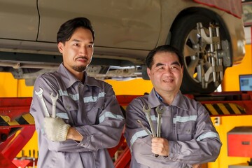 Asian senior male mechanic holding wrenches in auto repair shop. Wearing grey uniform, image emphasizes professionalism, tools of trade, and readiness for vehicle maintenance work.