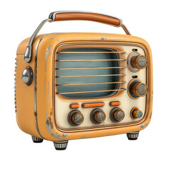 A vintage, tan, portable radio with a handle and multiple dials.  The radio has a worn, aged look. isolated on White background.