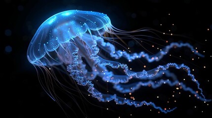 3D render of a glowing blue jellyfish on a black background, with a glowing light effect, in the style of