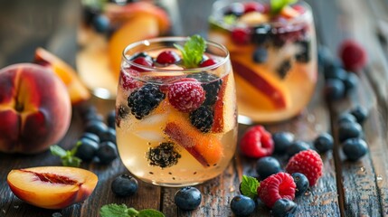 Glasses of fruit punch with mixed berries and peach slices on a wooden table.