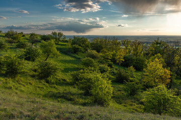Color spring evening view from Sirotci ruin castle in Palava mountains