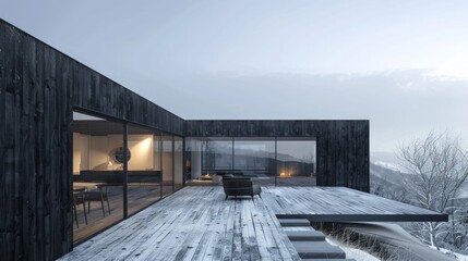 Modern house with large glass windows and snowy deck in winter landscape.