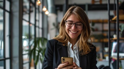 A woman is smiling while holding a cell phone