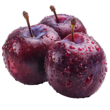 Three ripe, dark red plums with water droplets, isolated on White background.