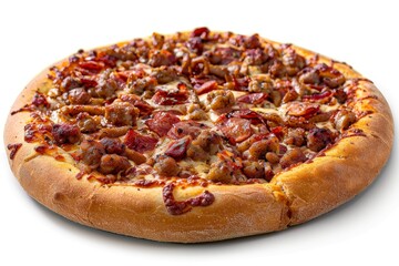 Gourmet pizza with a rich topping of bacon and melted cheese, ready to serve