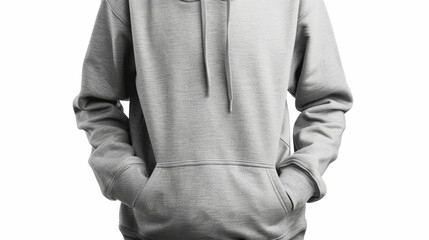 Grey hoodie with hands in pockets isolated on white background.