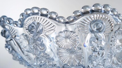 Close-up of decorative glass bowl with intricate patterns and raised designs.