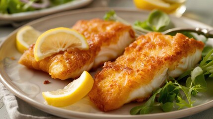 Fried fish fillets with lemon wedges on black plate.