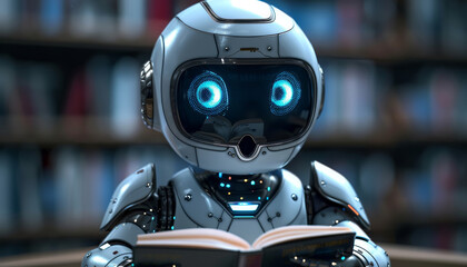 Fototapeta premium A robot with orange eyes and glasses is standing on a blue background by AI generated image