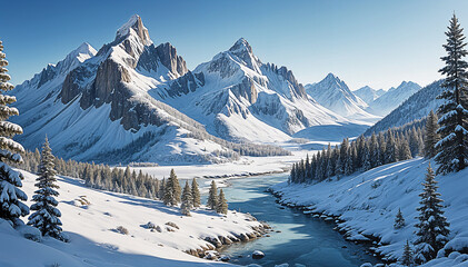 Snowy mountains in winter
