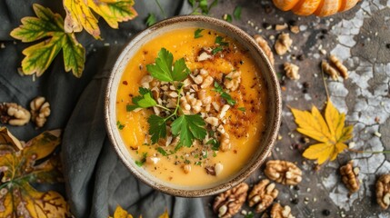 Pumpkin soup garnished with walnuts and herbs in a ceramic bowl surrounded by autumn decor. - Powered by Adobe