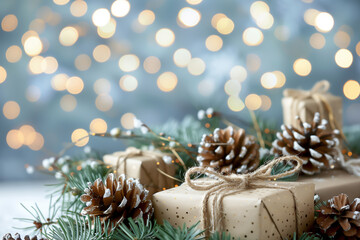 Christmas day gift presents wrapped in boxes under the festive tree with a bokeh background left by Santa Claus for a  season greeting card design stock illustration image