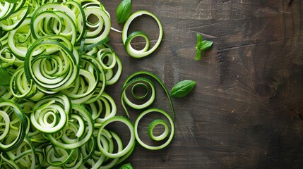 Fresh Sliced Cucumbers and Basil on a Wooden Background