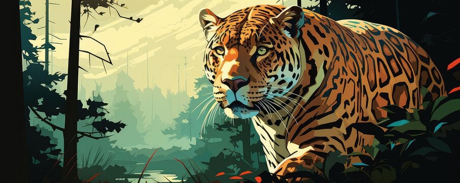 Jaguar in dense forest, flat design, side view, tropical theme, 3D render, Tetradic color scheme
