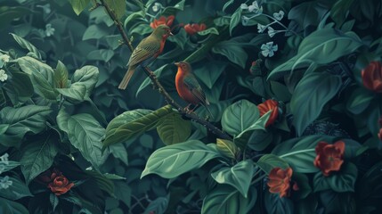Two vibrant birds perched on a branch surrounded by lush green foliage and blooming flowers in a dense, tranquil forest.
