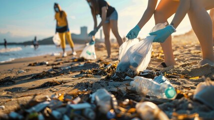 group of people recycling on a beach during the day