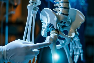 Closeup of hip joint replacement, surgeon s skillful hands, holographic medical tech, advanced surgical environment, Realism, Sharp focus