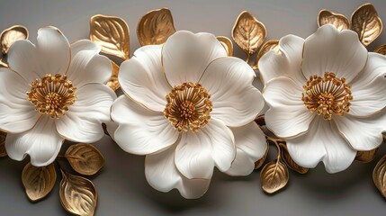 This is a set of three white and golden flowers on a gray background.
