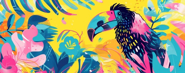 Fototapeta premium Colorful parrot in tropical paradise illustration