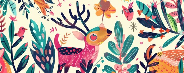 Whimsical forest fauna and flora illustration