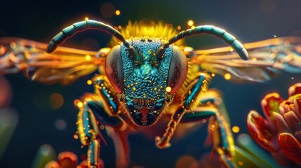 Fototapeta premium Create a close-up shot of a nano bee with intricate metallic wings, blending nanotechnology and wildlife photography with luminous lighting effects