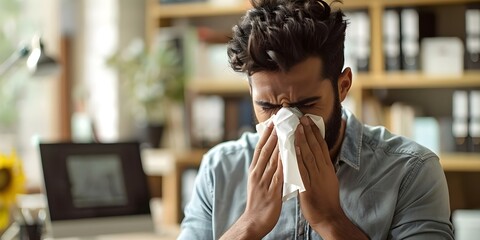 A man in an office using a handkerchief to blow his nose due to illness. Concept Illness, Workplace, Sickness, Handkerchief, Office