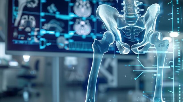 Surgeon s perspective of hip replacement, holographic anatomy guide, detailed medical procedure, hightech tools, Digital art, Clean sterile light