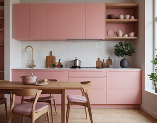 Pink kitchen cabinets and wooden shelf Scandinavian modern interior design of kitchen with island, dining table and chairs