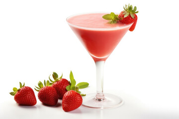 Strawberry Smoothie in Elegant Glass on White Background