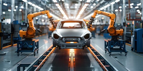Final stage of car assembly line with automated quality control testing in modern factory setting. Concept Automated Testing, Car Assembly Line, Modern Factory, Quality Control, Final Stage