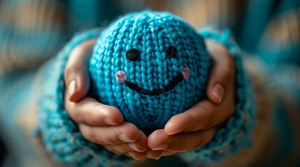 A happy face framed in blue hands. Mental health positive thinking and growth mindset. Mental health recovery to happiness emotion.