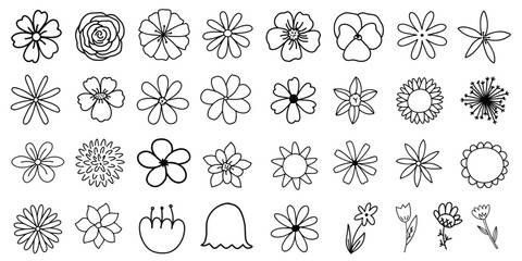 Collection of Black Doodle Outline Flower, Cherry Blossom Rose Fictional Poppy Jasmine Flower, Flower Vector